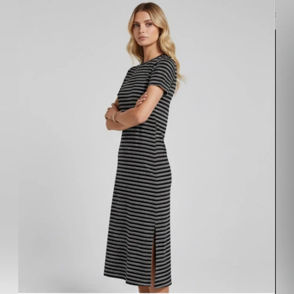 Striped T-Shirt Dress with Slit Black